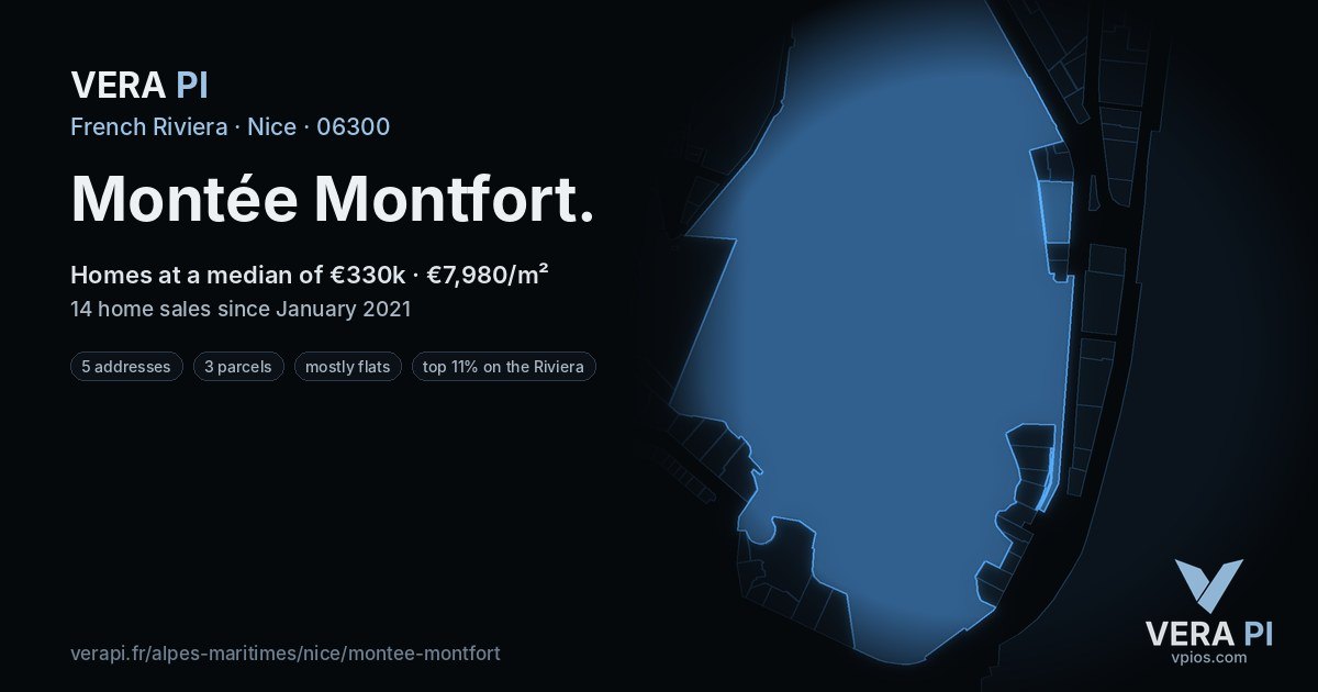 Montée Montfort, Nice at night – every parcel coloured by the prices around it, the street's own parcels lit