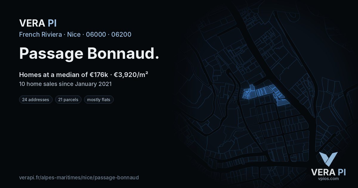 Passage Bonnaud, Nice at night – every parcel coloured by the prices around it, the street's own parcels lit