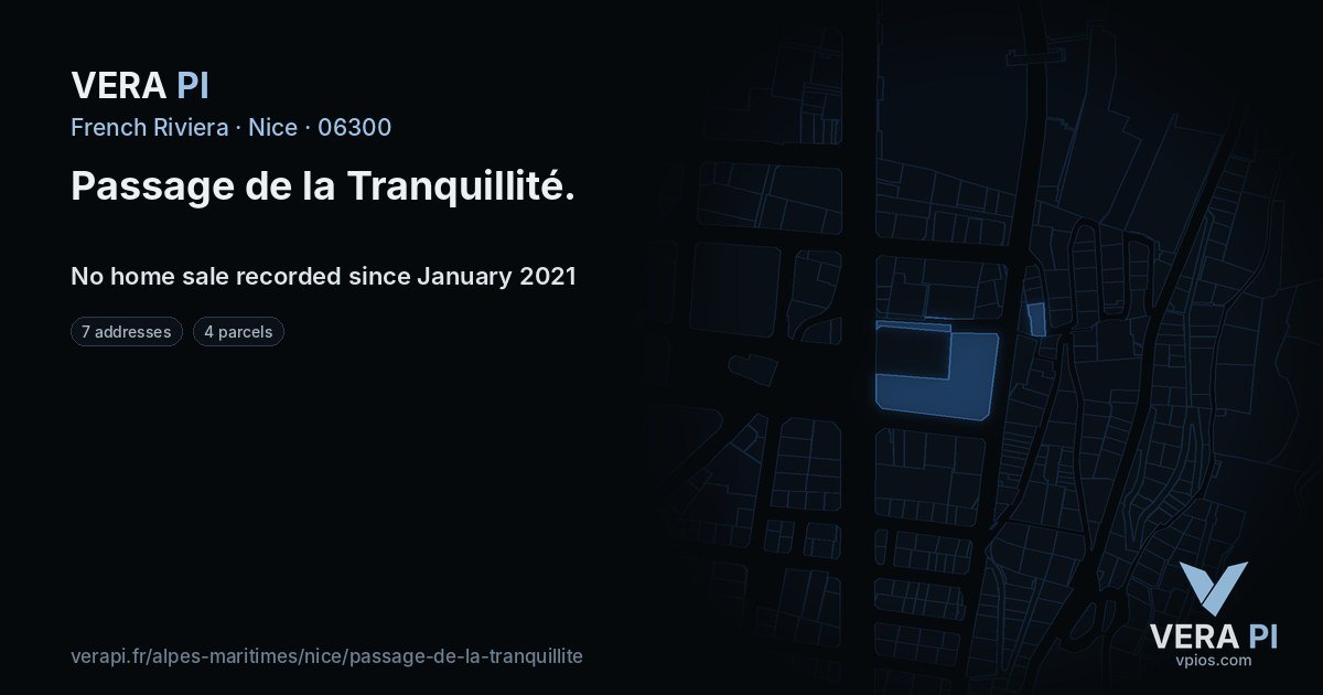 Passage de la Tranquillité, Nice at night – every parcel coloured by the prices around it, the street's own parcels lit