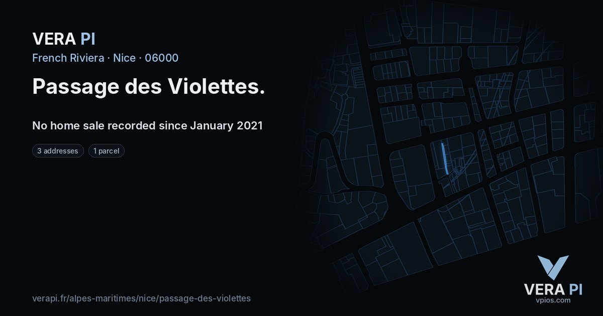 Passage des Violettes, Nice at night – every parcel coloured by the prices around it, the street's own parcels lit