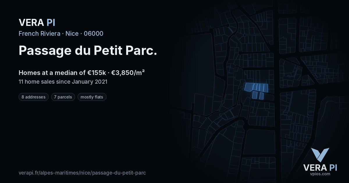 Passage du Petit Parc, Nice at night – every parcel coloured by the prices around it, the street's own parcels lit