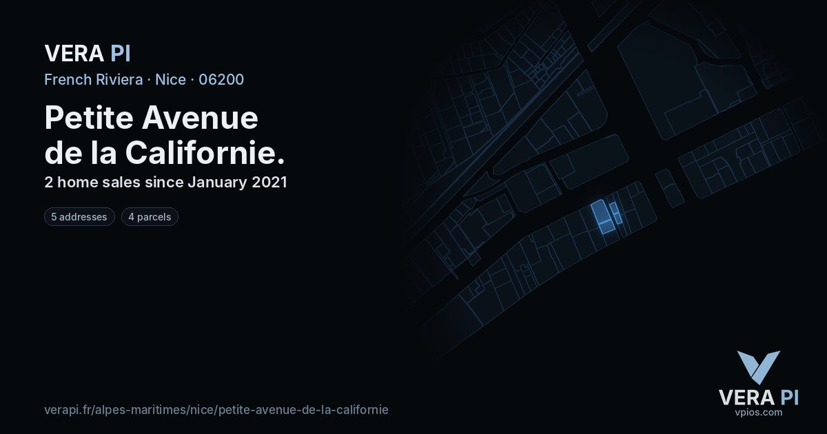 Petite Avenue de la Californie, Nice at night – every parcel coloured by the prices around it, the street's own parcels lit