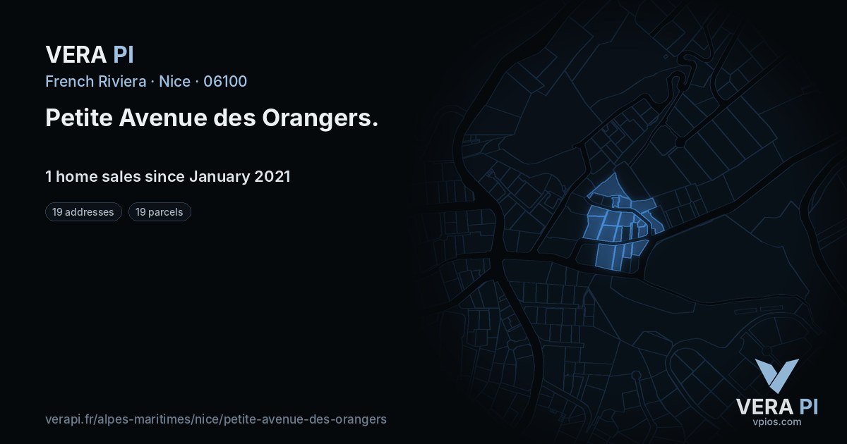 Petite Avenue des Orangers, Nice at night – every parcel coloured by the prices around it, the street's own parcels lit