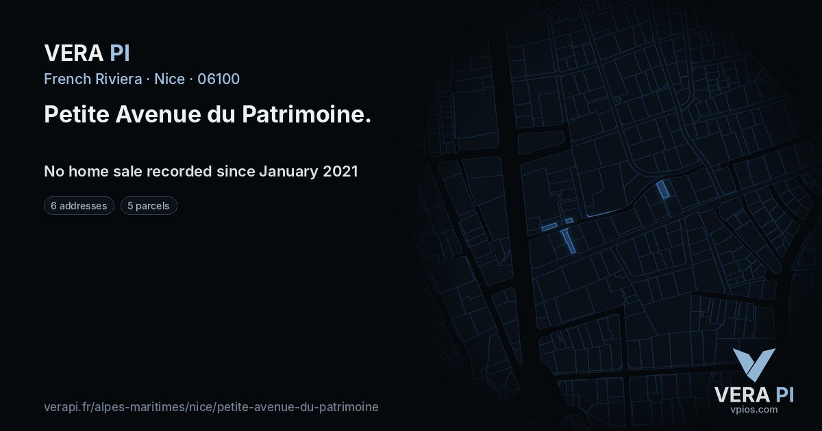 Petite Avenue du Patrimoine, Nice at night – every parcel coloured by the prices around it, the street's own parcels lit