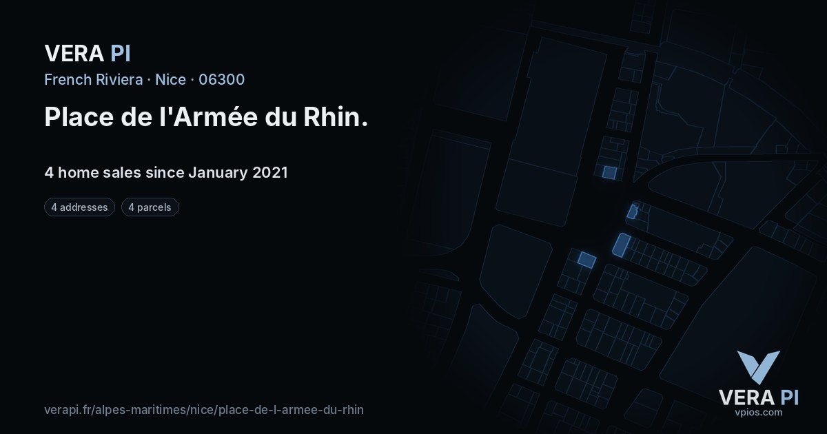 Place de l'Armée du Rhin, Nice at night – every parcel coloured by the prices around it, the street's own parcels lit
