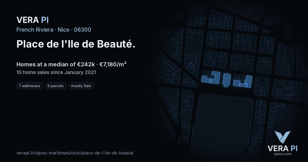 Place de l'Ile de Beauté, Nice at night – every parcel coloured by the prices around it, the street's own parcels lit