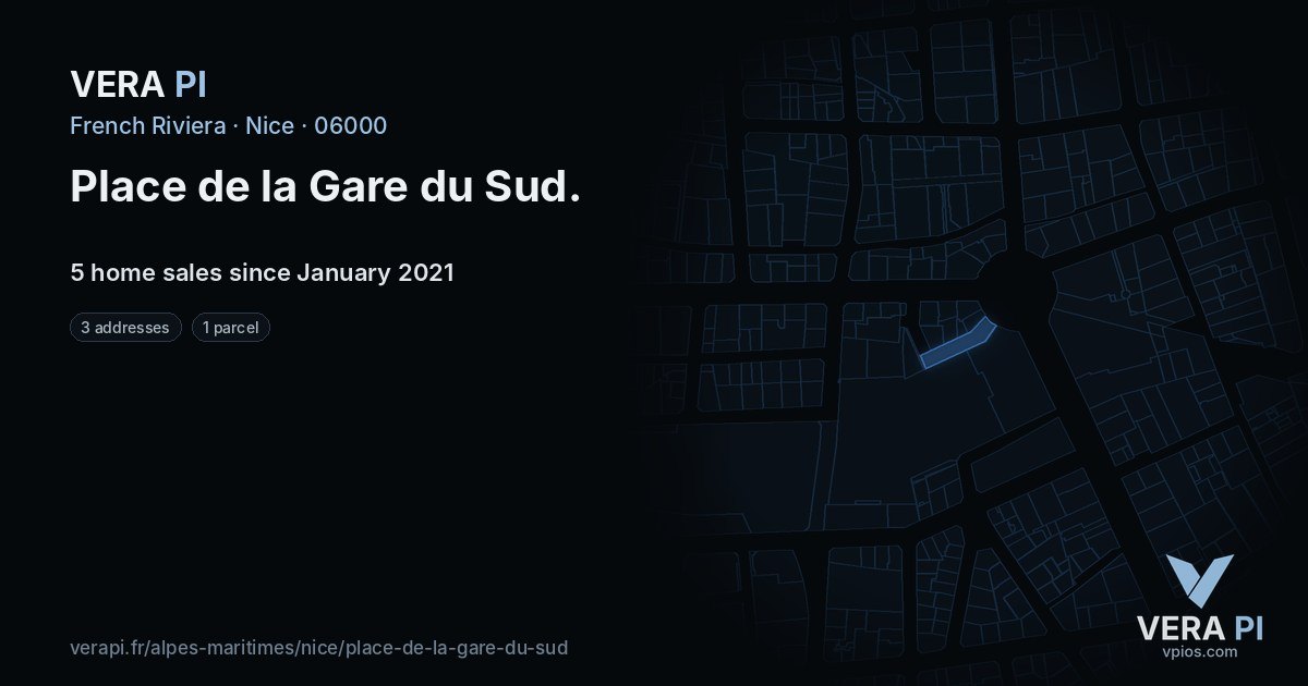 Place de la Gare du Sud, Nice at night – every parcel coloured by the prices around it, the street's own parcels lit