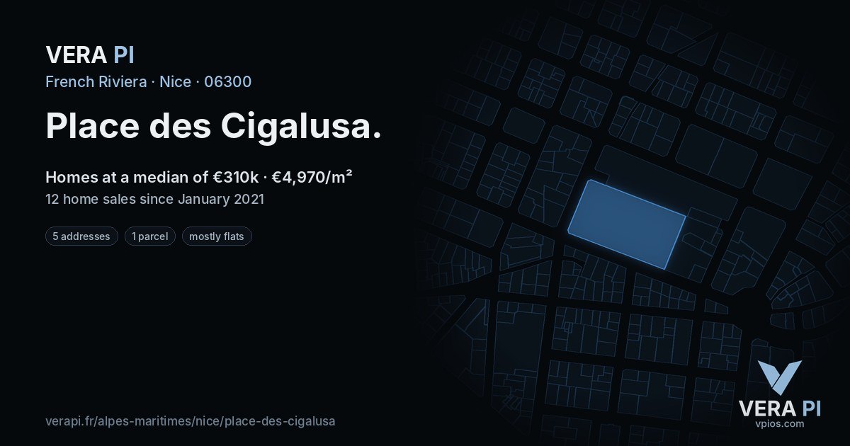 Place des Cigalusa, Nice at night – every parcel coloured by the prices around it, the street's own parcels lit