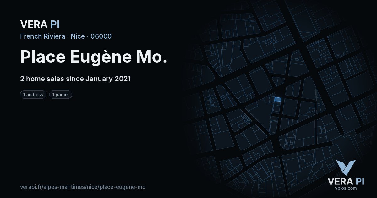 Place Eugène Mo, Nice at night – every parcel coloured by the prices around it, the street's own parcels lit