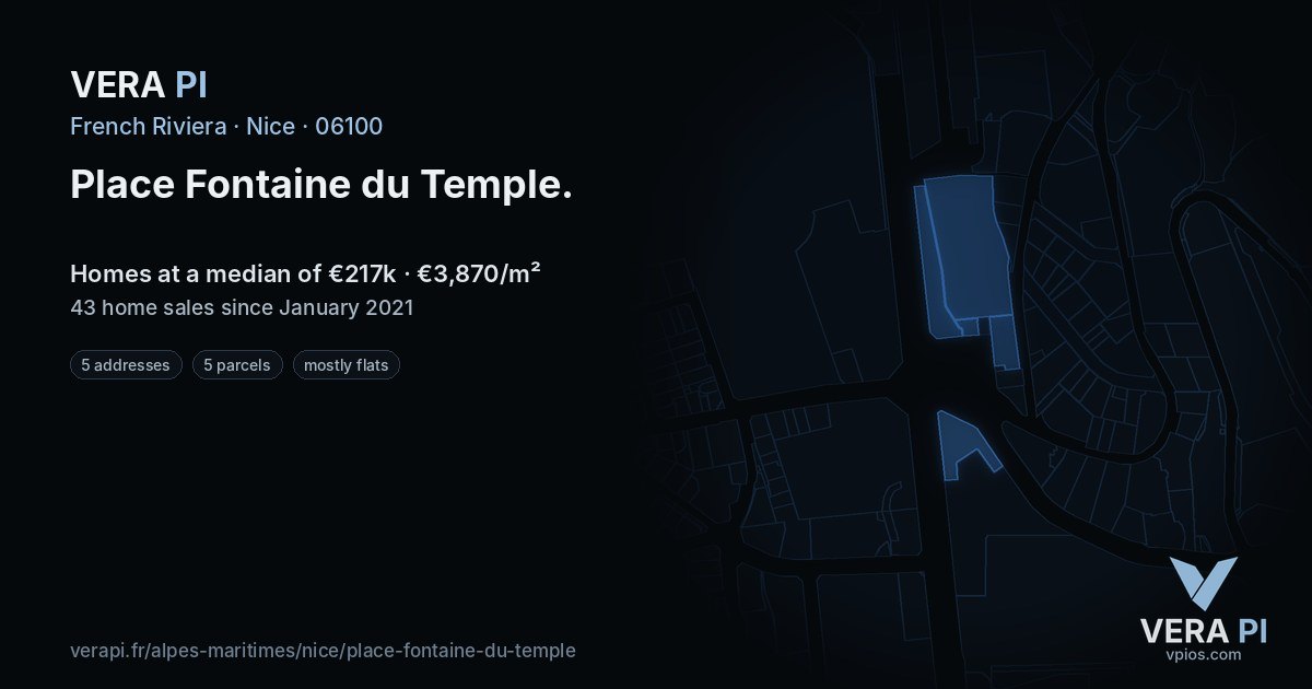 Place Fontaine du Temple, Nice at night – every parcel coloured by the prices around it, the street's own parcels lit