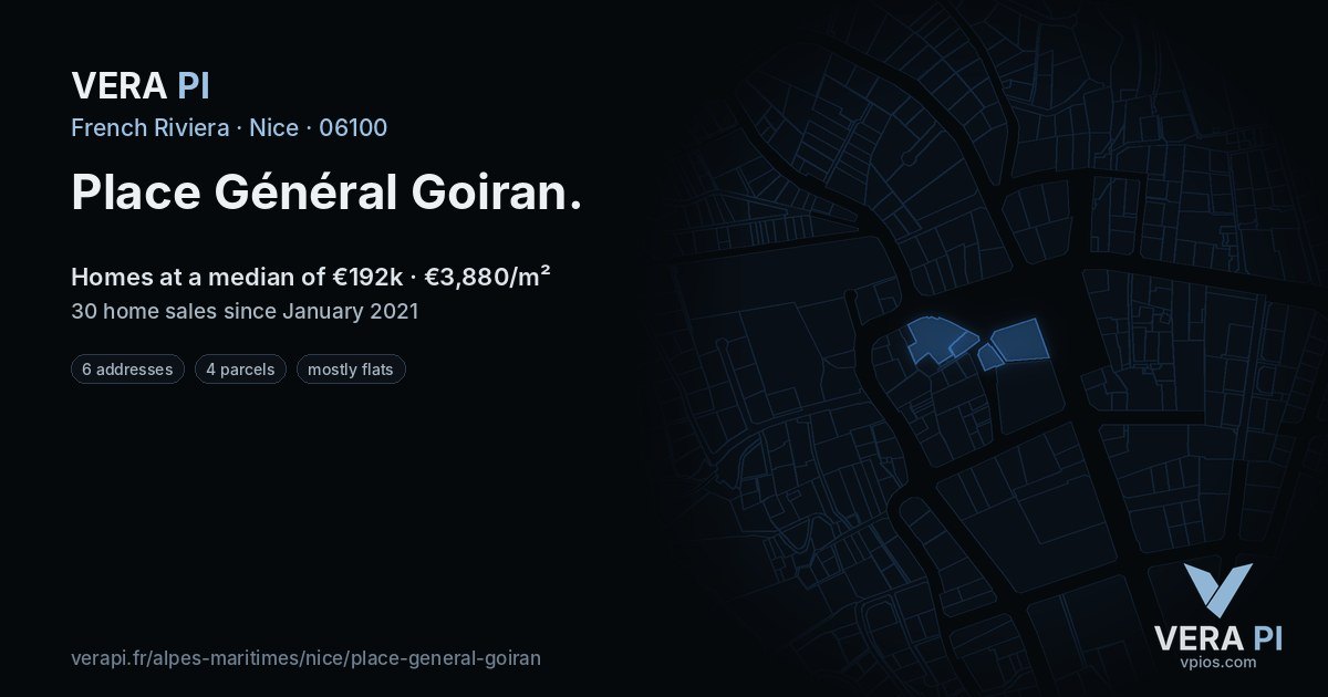 Place Général Goiran, Nice at night – every parcel coloured by the prices around it, the street's own parcels lit