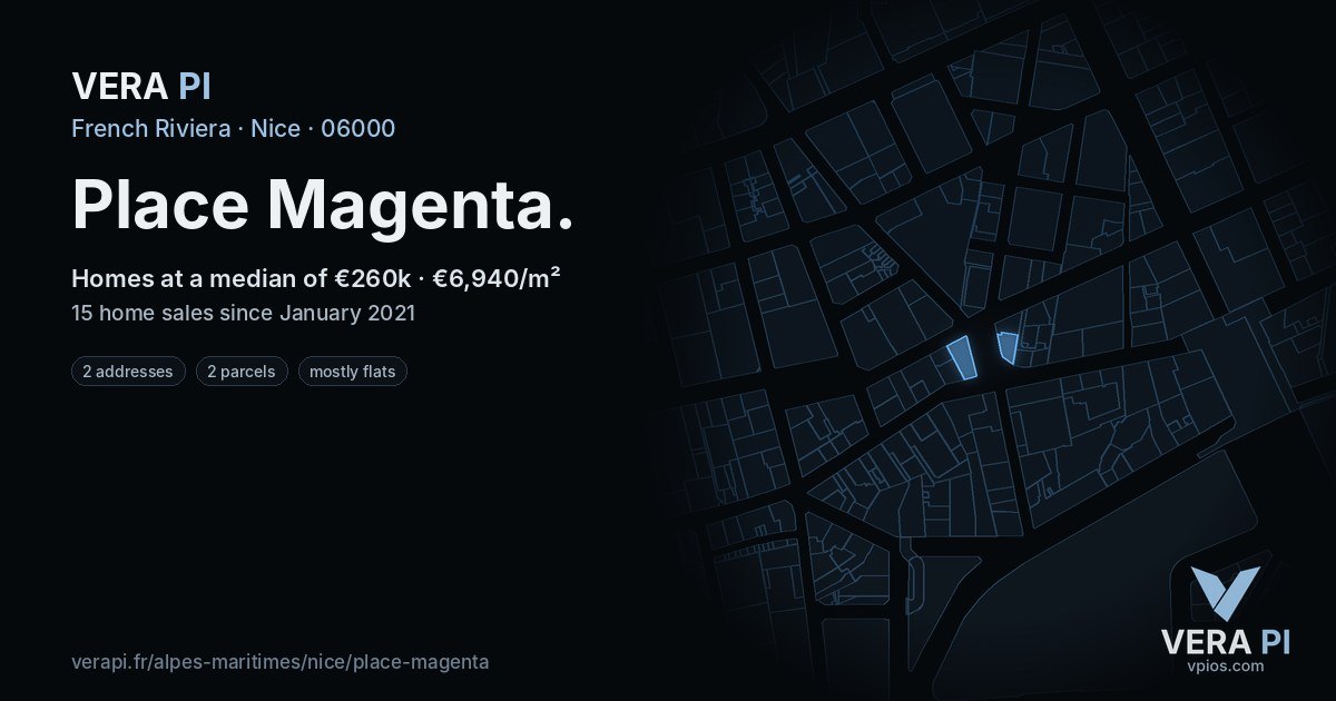 Place Magenta, Nice at night – every parcel coloured by the prices around it, the street's own parcels lit