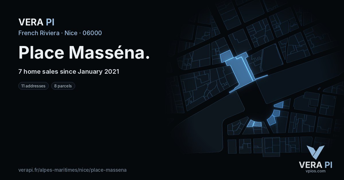 Place Masséna, Nice at night – every parcel coloured by the prices around it, the street's own parcels lit