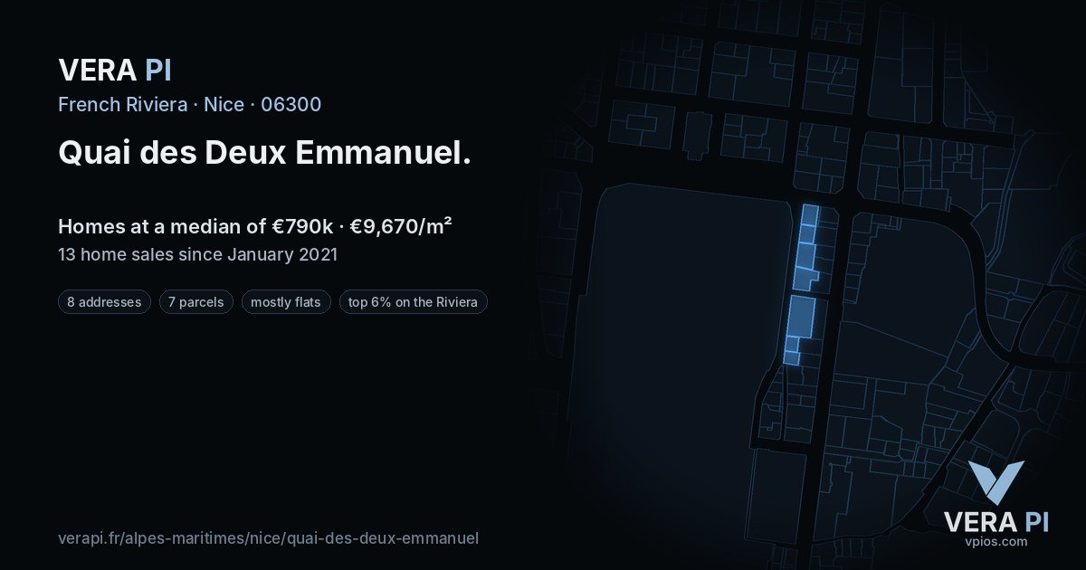 Quai des Deux Emmanuel, Nice at night – every parcel coloured by the prices around it, the street's own parcels lit