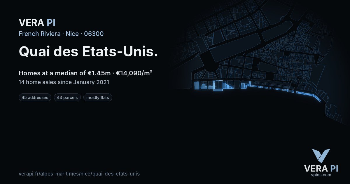 Quai des Etats-Unis, Nice at night – every parcel coloured by the prices around it, the street's own parcels lit