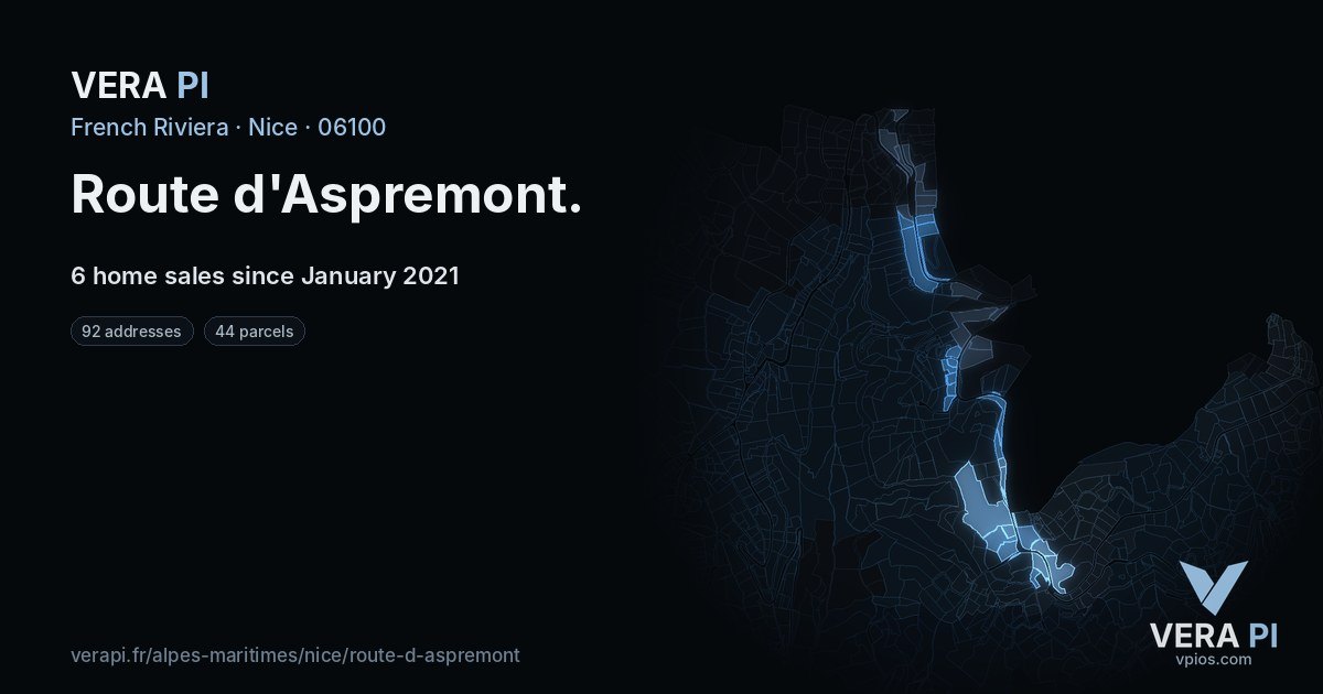 Route d'Aspremont, Nice at night – every parcel coloured by the prices around it, the street's own parcels lit
