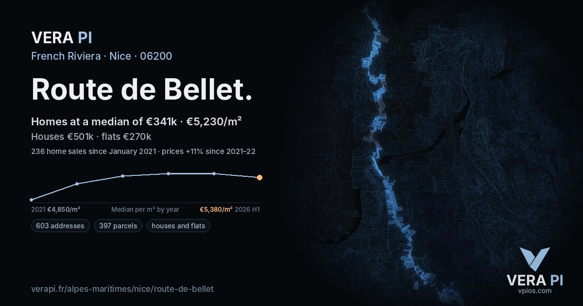 Route de Bellet, Nice at night – every parcel coloured by the prices around it, the street's own parcels lit