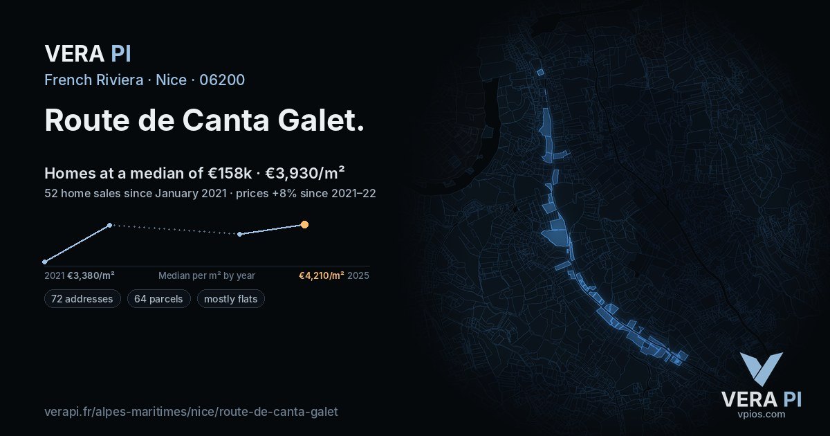 Route de Canta Galet, Nice at night – every parcel coloured by the prices around it, the street's own parcels lit