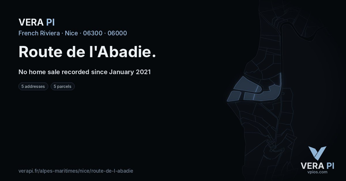 Route de l'Abadie, Nice at night – every parcel coloured by the prices around it, the street's own parcels lit