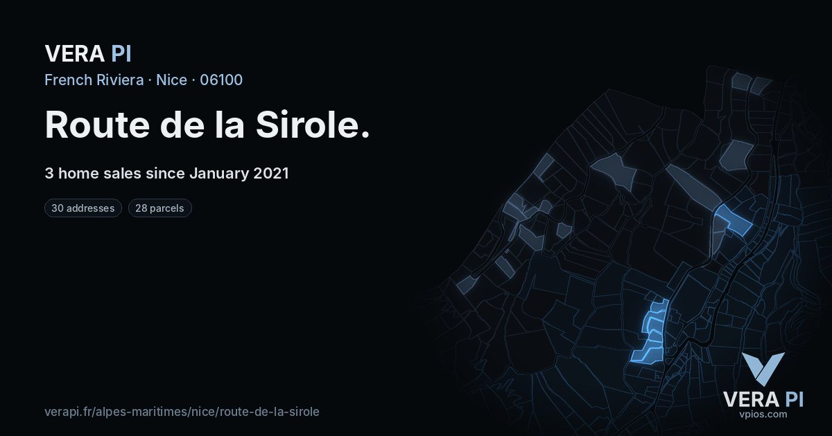 Route de la Sirole, Nice at night – every parcel coloured by the prices around it, the street's own parcels lit