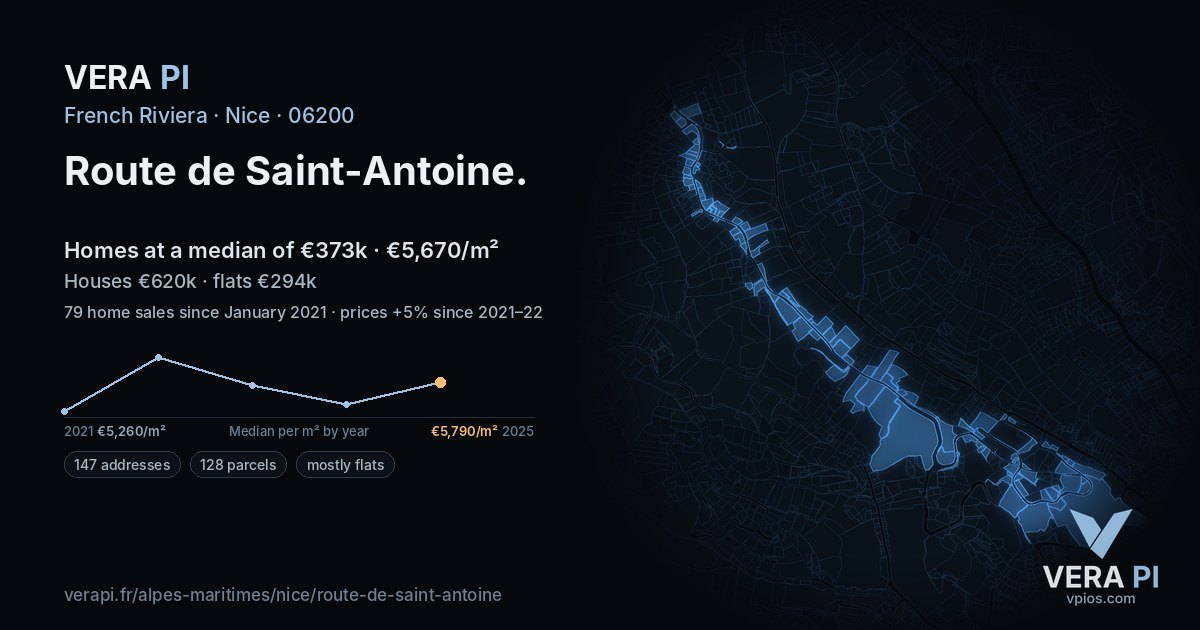 Route de Saint-Antoine, Nice at night – every parcel coloured by the prices around it, the street's own parcels lit
