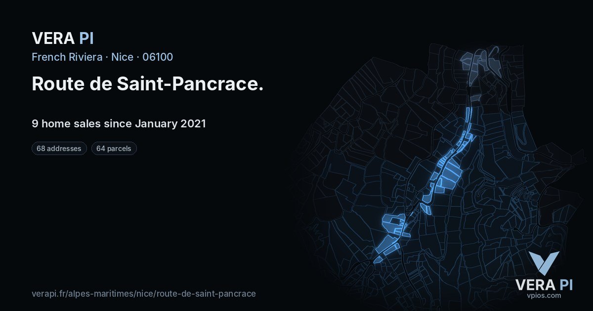 Route de Saint-Pancrace, Nice at night – every parcel coloured by the prices around it, the street's own parcels lit