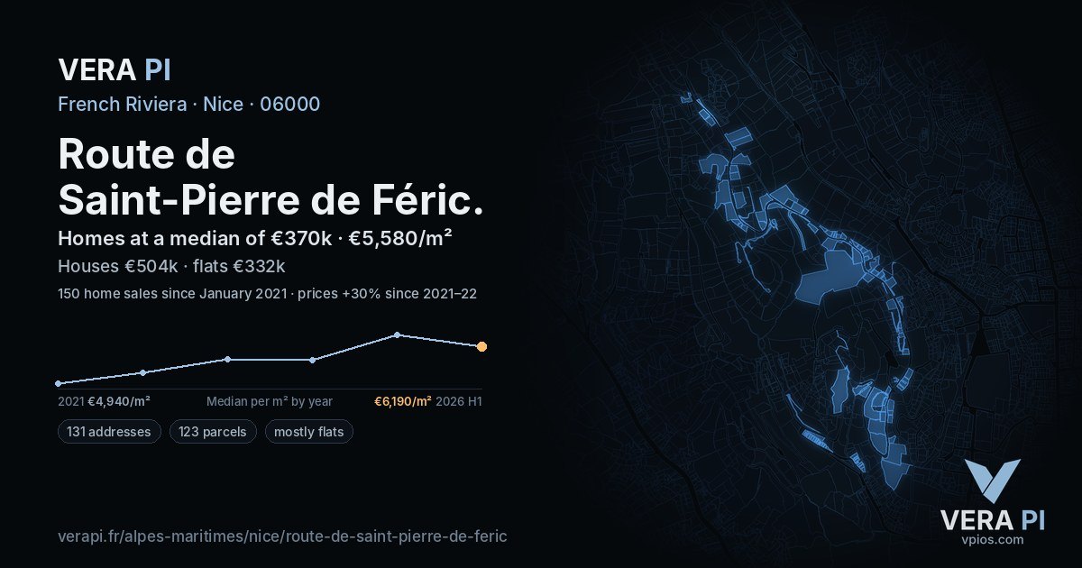 Route de Saint-Pierre de Féric, Nice at night – every parcel coloured by the prices around it, the street's own parcels lit