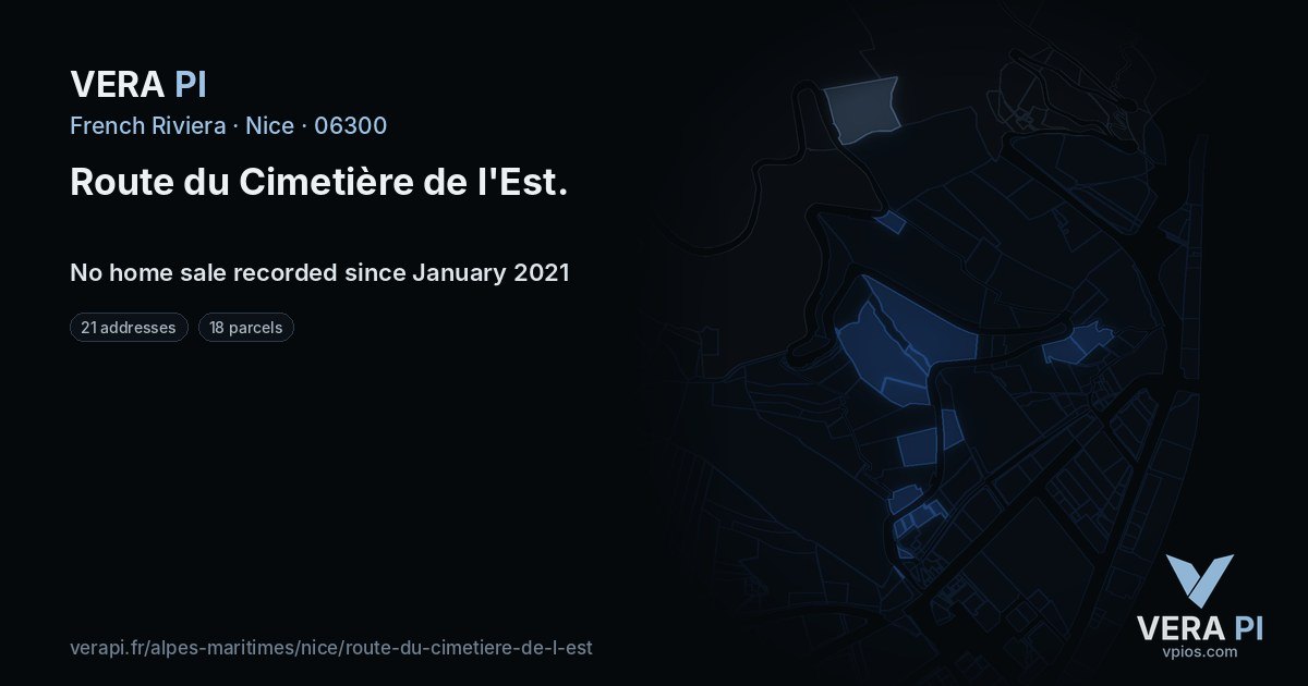 Route du Cimetière de l'Est, Nice at night – every parcel coloured by the prices around it, the street's own parcels lit