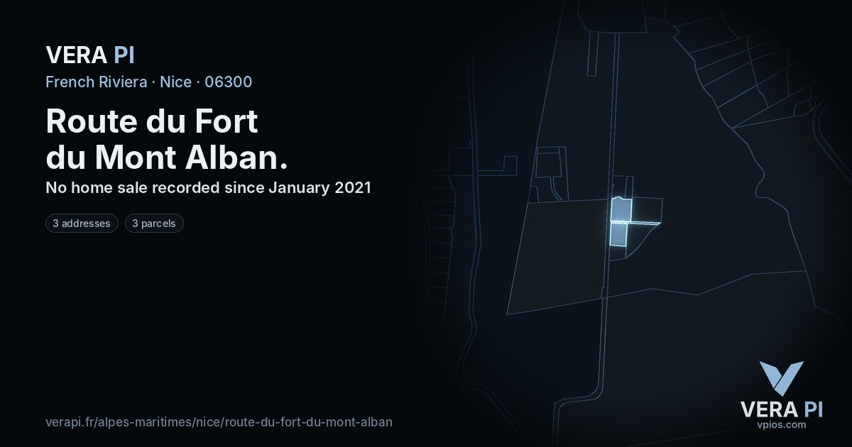 Route du Fort du Mont Alban, Nice at night – every parcel coloured by the prices around it, the street's own parcels lit