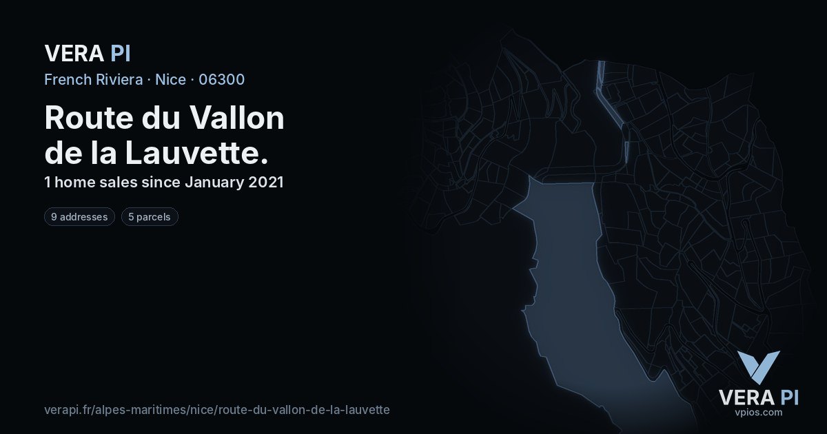 Route du Vallon de la Lauvette, Nice at night – every parcel coloured by the prices around it, the street's own parcels lit