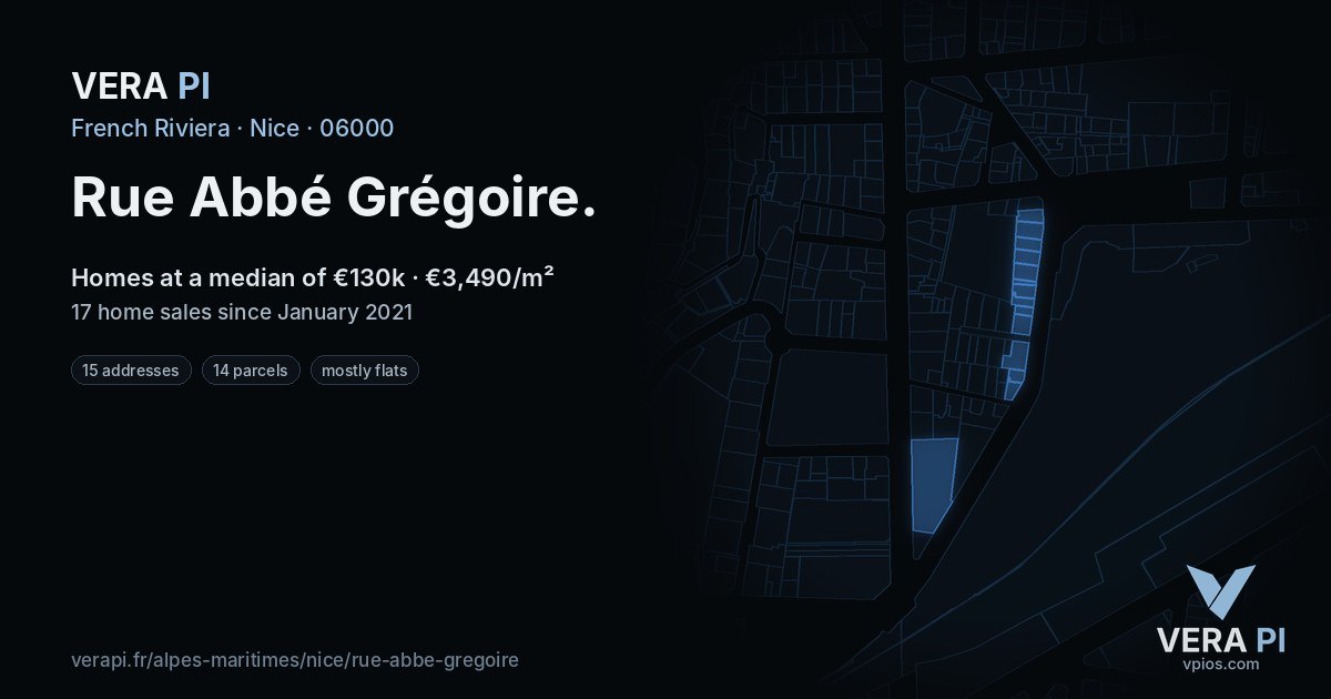 Rue Abbé Grégoire, Nice at night – every parcel coloured by the prices around it, the street's own parcels lit