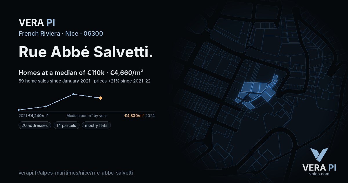 Rue Abbé Salvetti, Nice at night – every parcel coloured by the prices around it, the street's own parcels lit