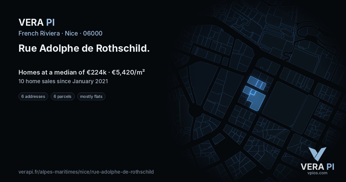 Rue Adolphe de Rothschild, Nice at night – every parcel coloured by the prices around it, the street's own parcels lit