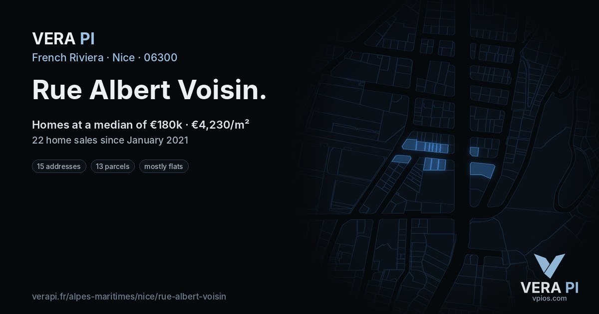 Rue Albert Voisin, Nice at night – every parcel coloured by the prices around it, the street's own parcels lit