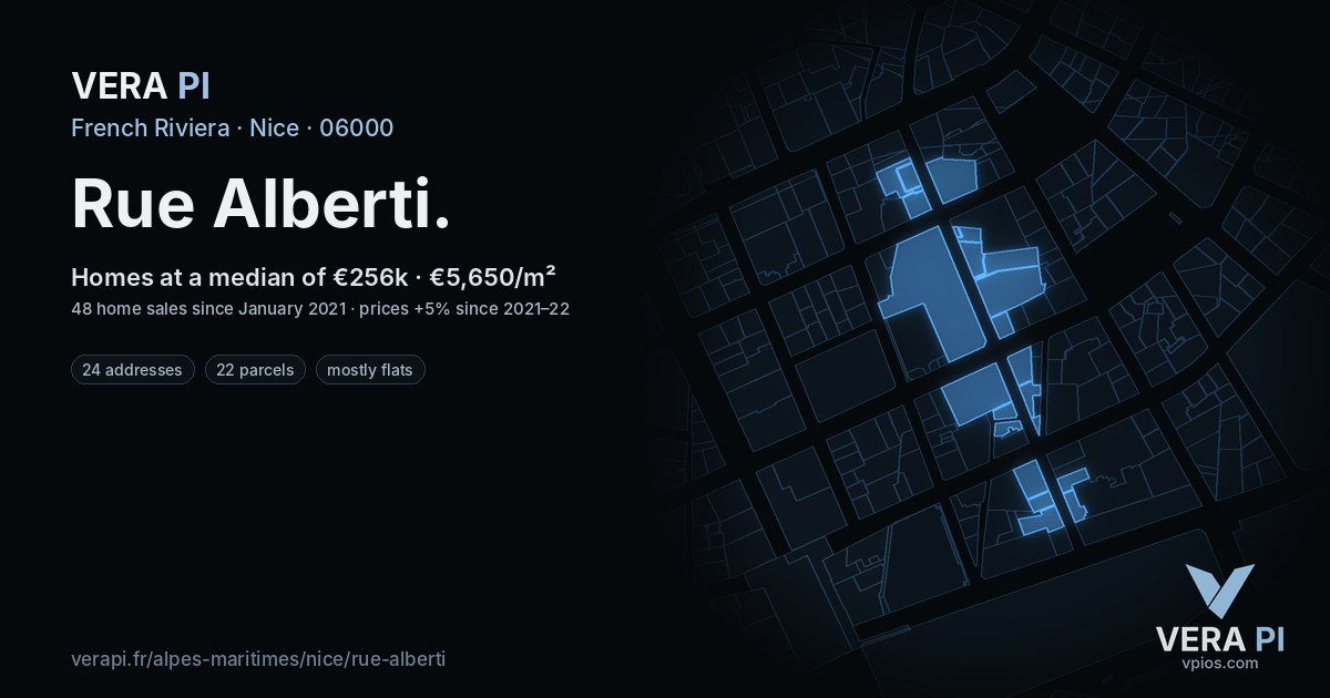 Rue Alberti, Nice at night – every parcel coloured by the prices around it, the street's own parcels lit