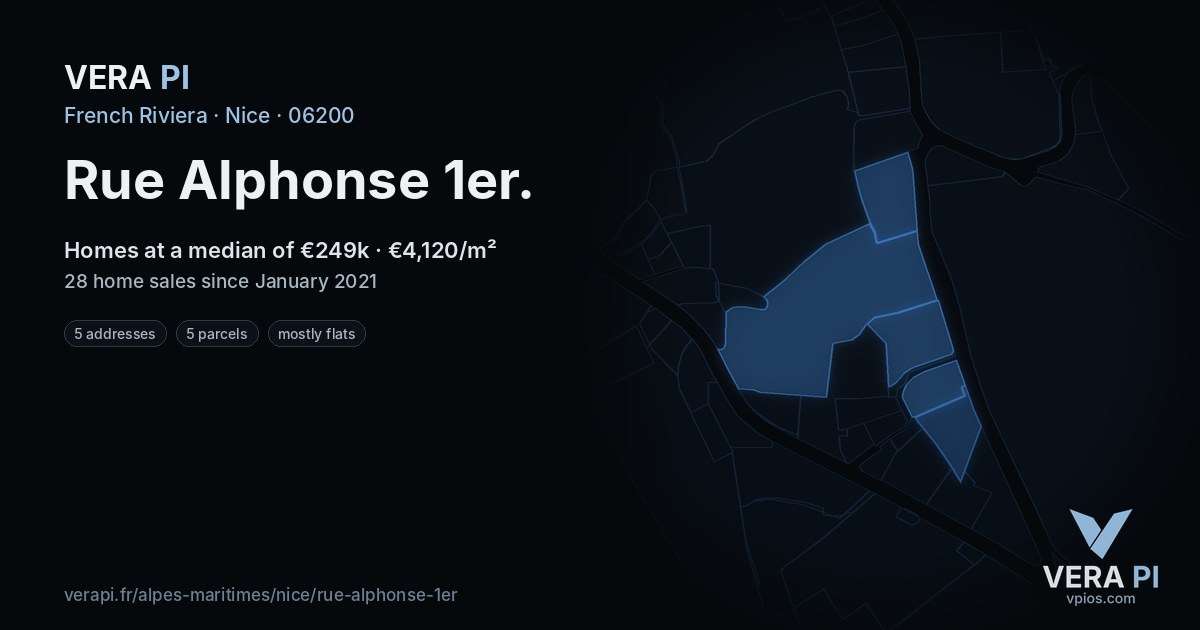 Rue Alphonse 1er, Nice at night – every parcel coloured by the prices around it, the street's own parcels lit