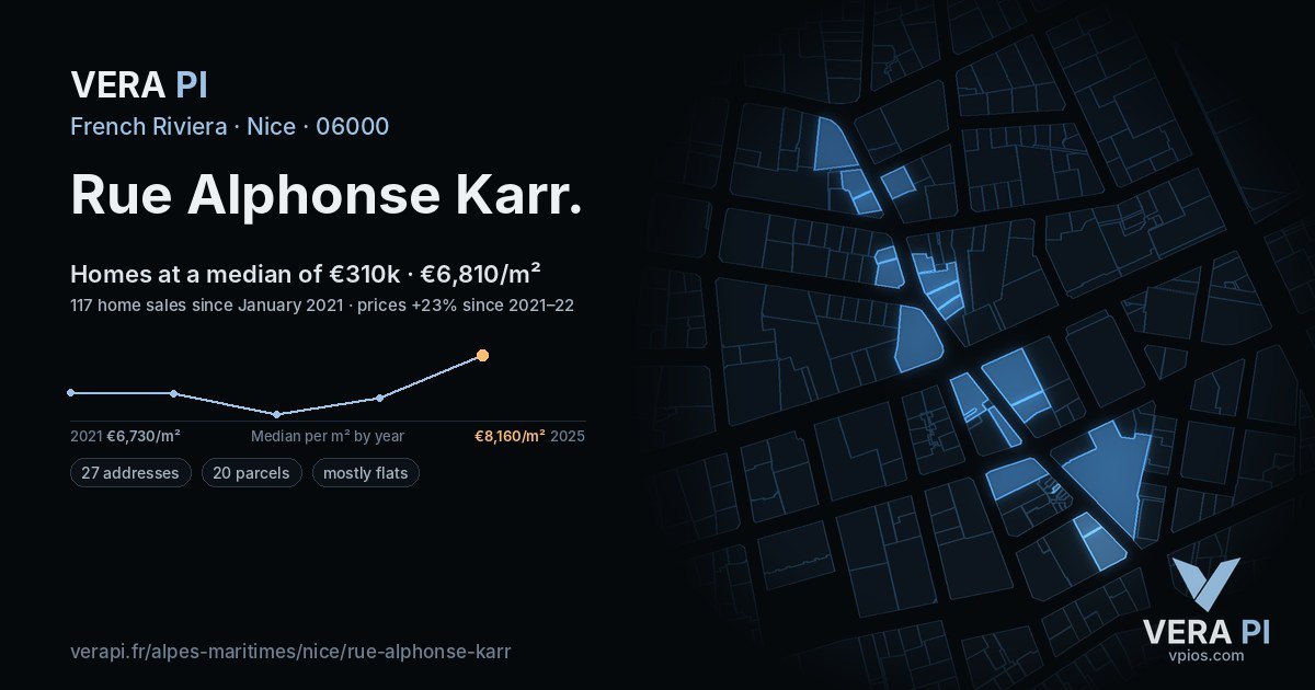 Rue Alphonse Karr, Nice at night – every parcel coloured by the prices around it, the street's own parcels lit