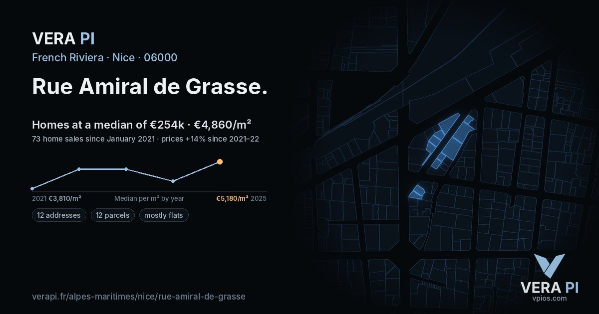 Rue Amiral de Grasse, Nice at night – every parcel coloured by the prices around it, the street's own parcels lit