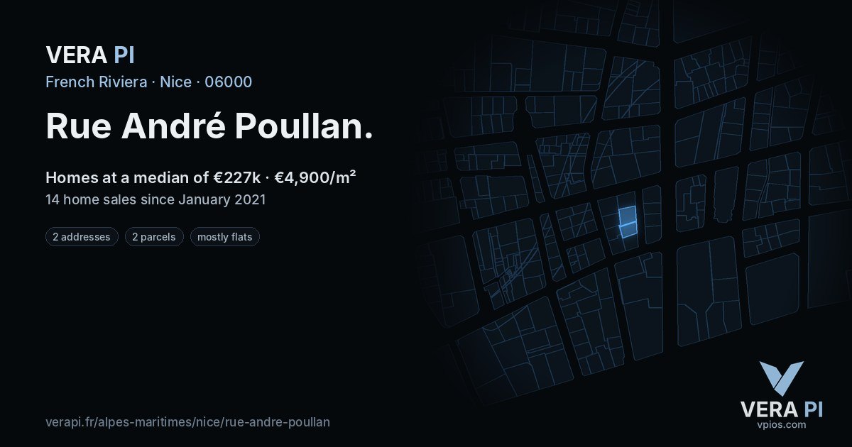 Rue André Poullan, Nice at night – every parcel coloured by the prices around it, the street's own parcels lit