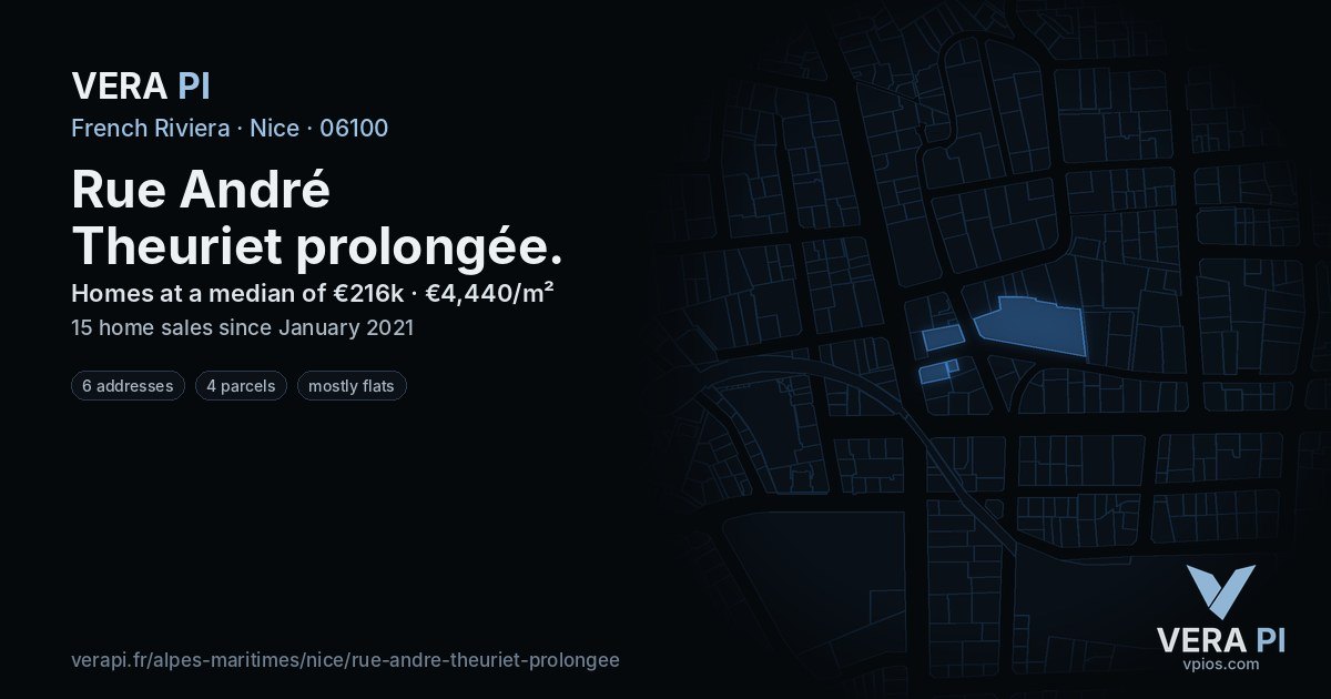 Rue André Theuriet prolongée, Nice at night – every parcel coloured by the prices around it, the street's own parcels lit