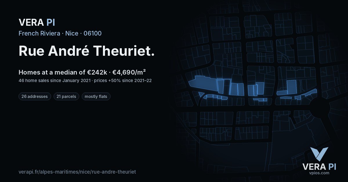 Rue André Theuriet, Nice at night – every parcel coloured by the prices around it, the street's own parcels lit