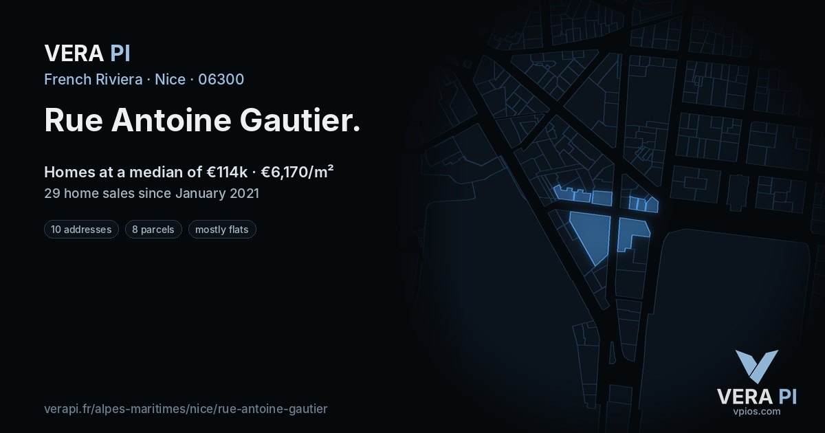 Rue Antoine Gautier, Nice at night – every parcel coloured by the prices around it, the street's own parcels lit