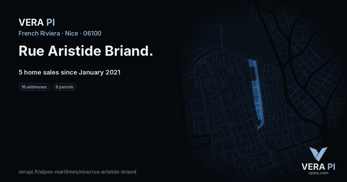 Rue Aristide Briand, Nice at night – every parcel coloured by the prices around it, the street's own parcels lit