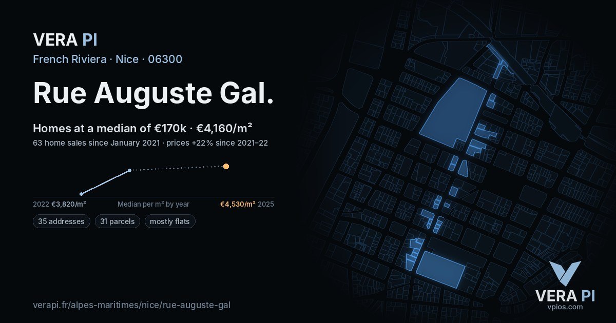 Rue Auguste Gal, Nice at night – every parcel coloured by the prices around it, the street's own parcels lit