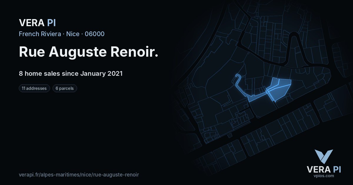 Rue Auguste Renoir, Nice at night – every parcel coloured by the prices around it, the street's own parcels lit