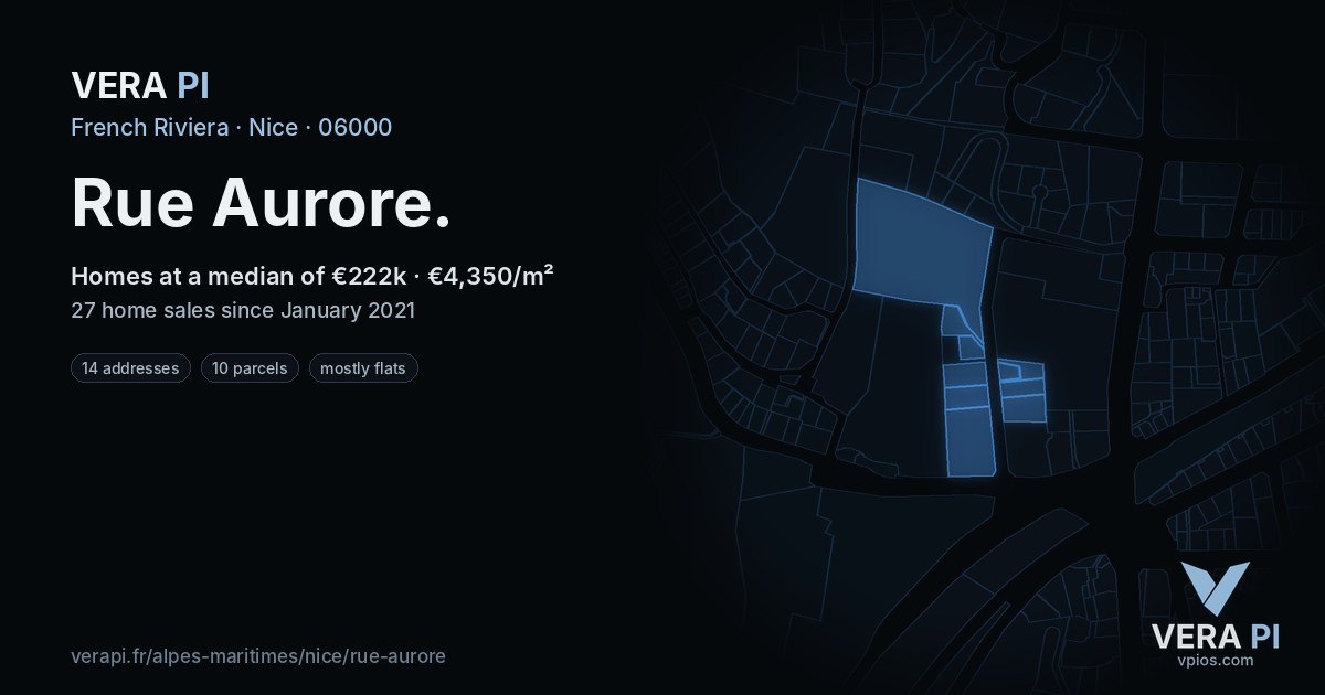 Rue Aurore, Nice at night – every parcel coloured by the prices around it, the street's own parcels lit