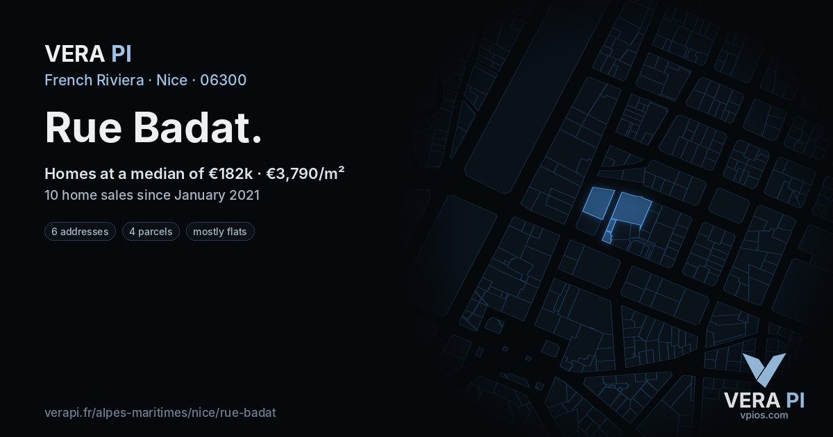 Rue Badat, Nice at night – every parcel coloured by the prices around it, the street's own parcels lit