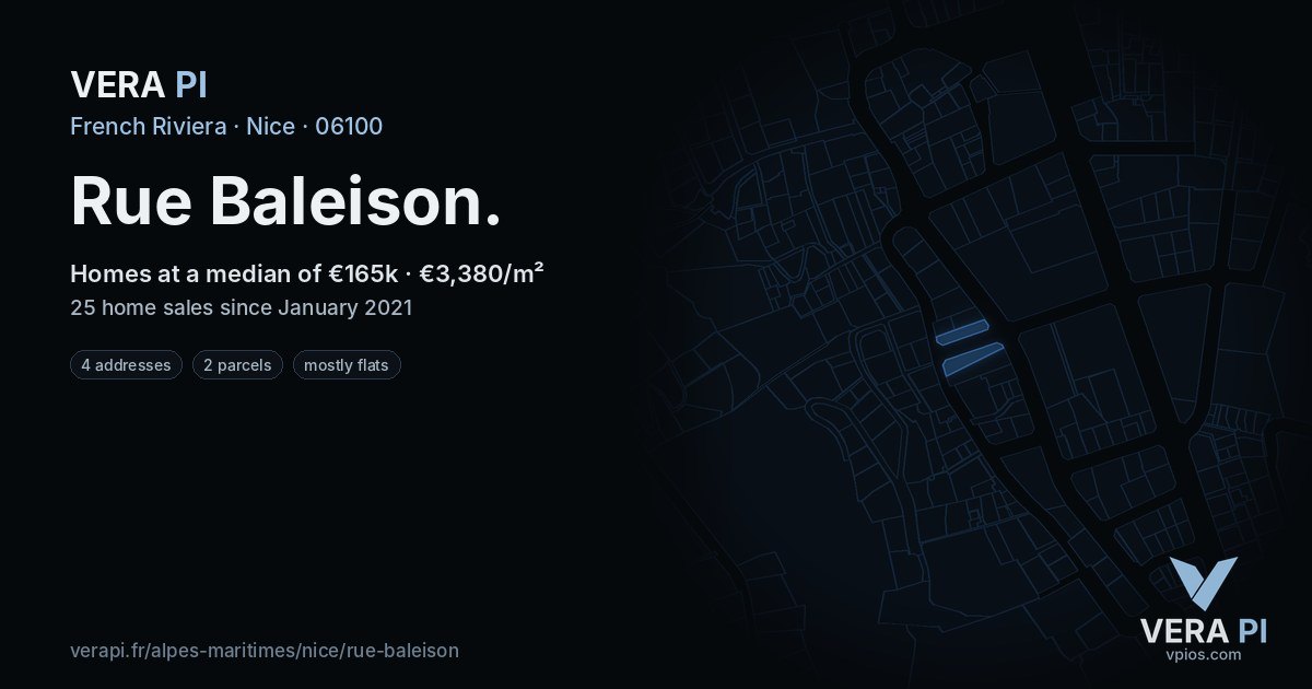 Rue Baleison, Nice at night – every parcel coloured by the prices around it, the street's own parcels lit