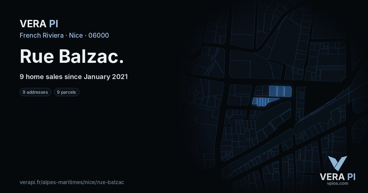 Rue Balzac, Nice at night – every parcel coloured by the prices around it, the street's own parcels lit