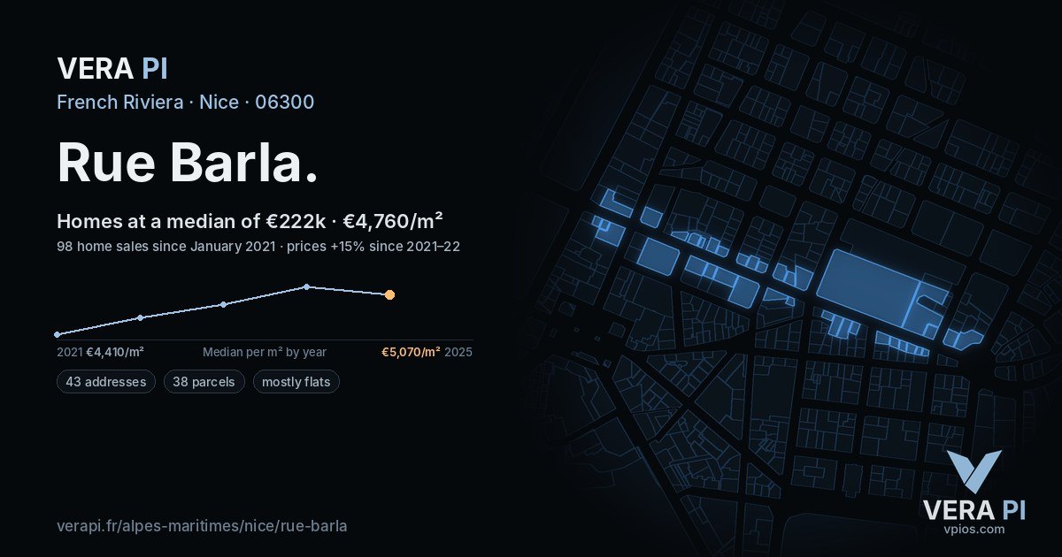 Rue Barla, Nice at night – every parcel coloured by the prices around it, the street's own parcels lit